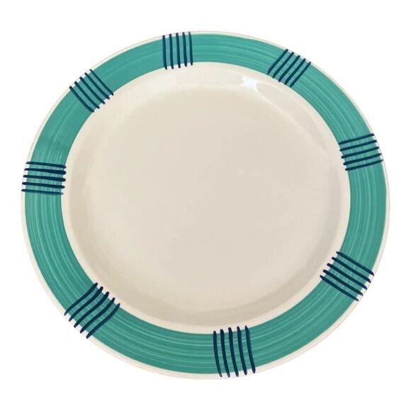 Pier 1 Dinner Plate Full Set X6 Green Band Blue Stripes Serveware Decor Dining - Picture 6 of 12